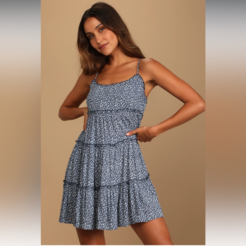 Sitting in the Sun Navy Blue Floral Print Ruffled Babydoll Dress